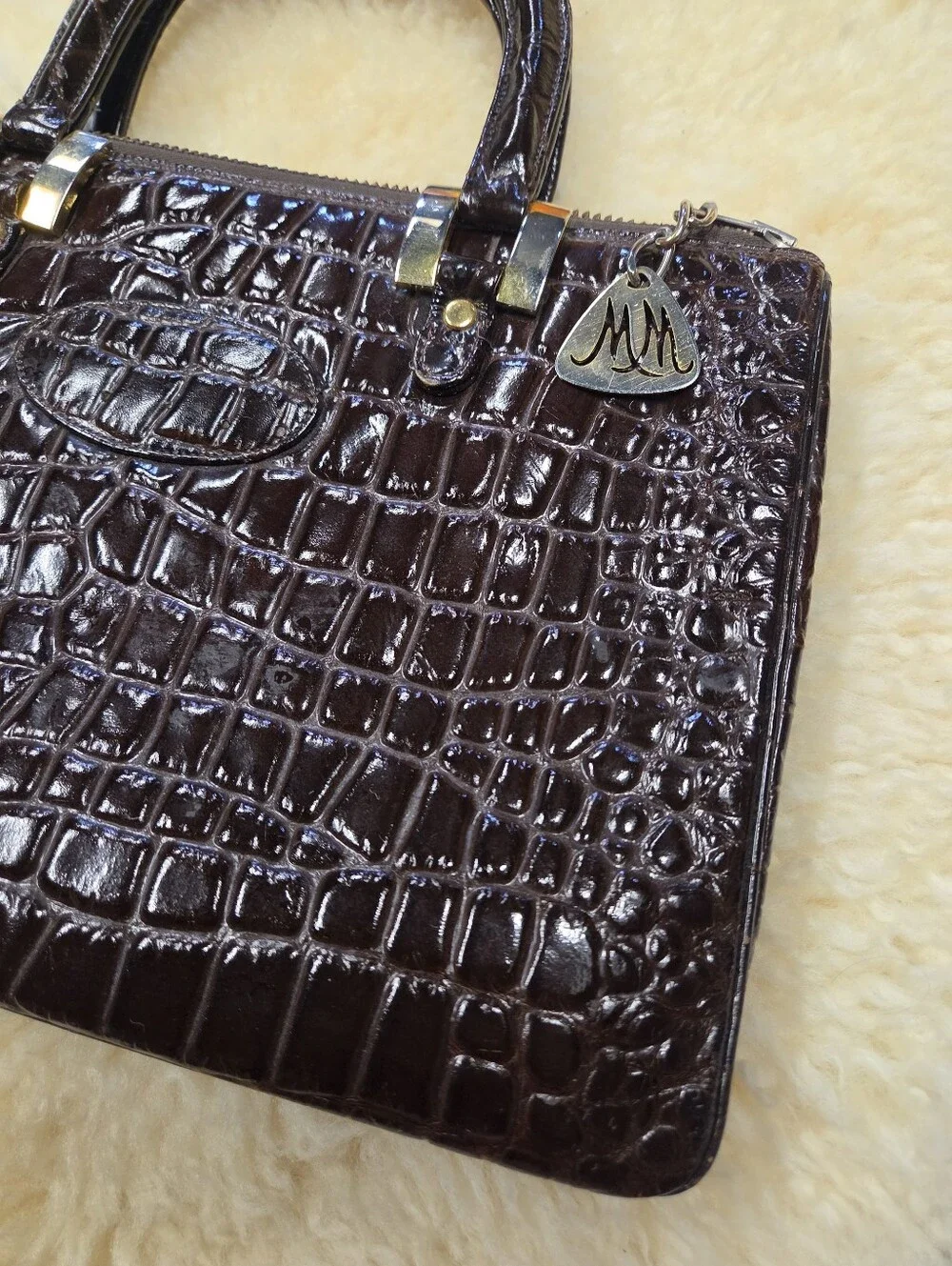 Vintage Morris Moskowitz Brown Crocodile Embossed Leather Handbag 60s Satchel MM